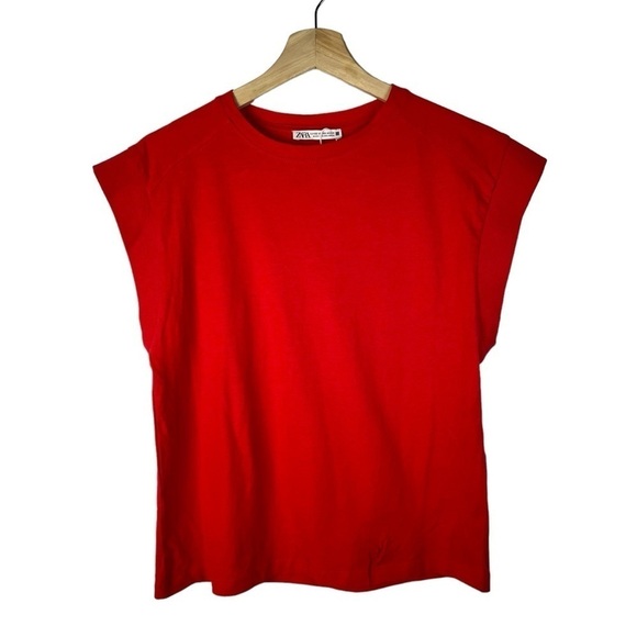 Zara Bright Red Crewneck Cap Sleeve Muscle Short Sleeve Tee XS - Picture 1 of 6